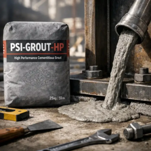 گروت سیمانی توانمند PSI-GROUT-HP ملات بدون انقباض با مقاومت بسیار بالا برای زیر بیس پلیت، نصب ماشین آلات صنعتی و تثبیت ستون های پیش ساخته.