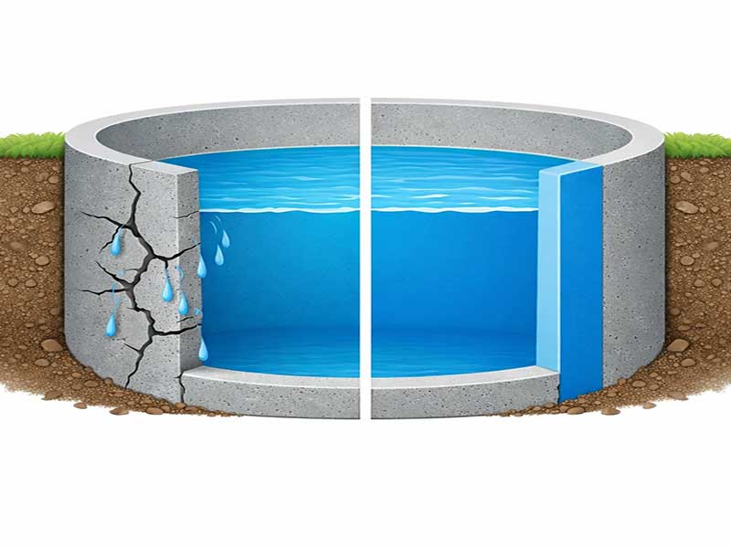 نمای اجرای عایق‌کاری استخر بتنی در پروژه ساختمانی