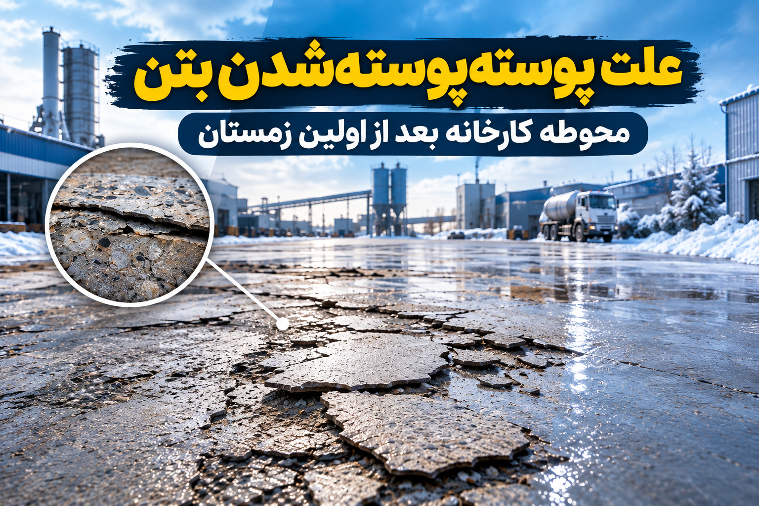 نمایی از علت پوسته‌پوسته‌شدن بتن در محوطه کارخانه پس از اولین زمستان، همراه با ترک‌خوردگی و جداشدگی سطح بتن در اثر یخ‌زدگی و نفوذ آب